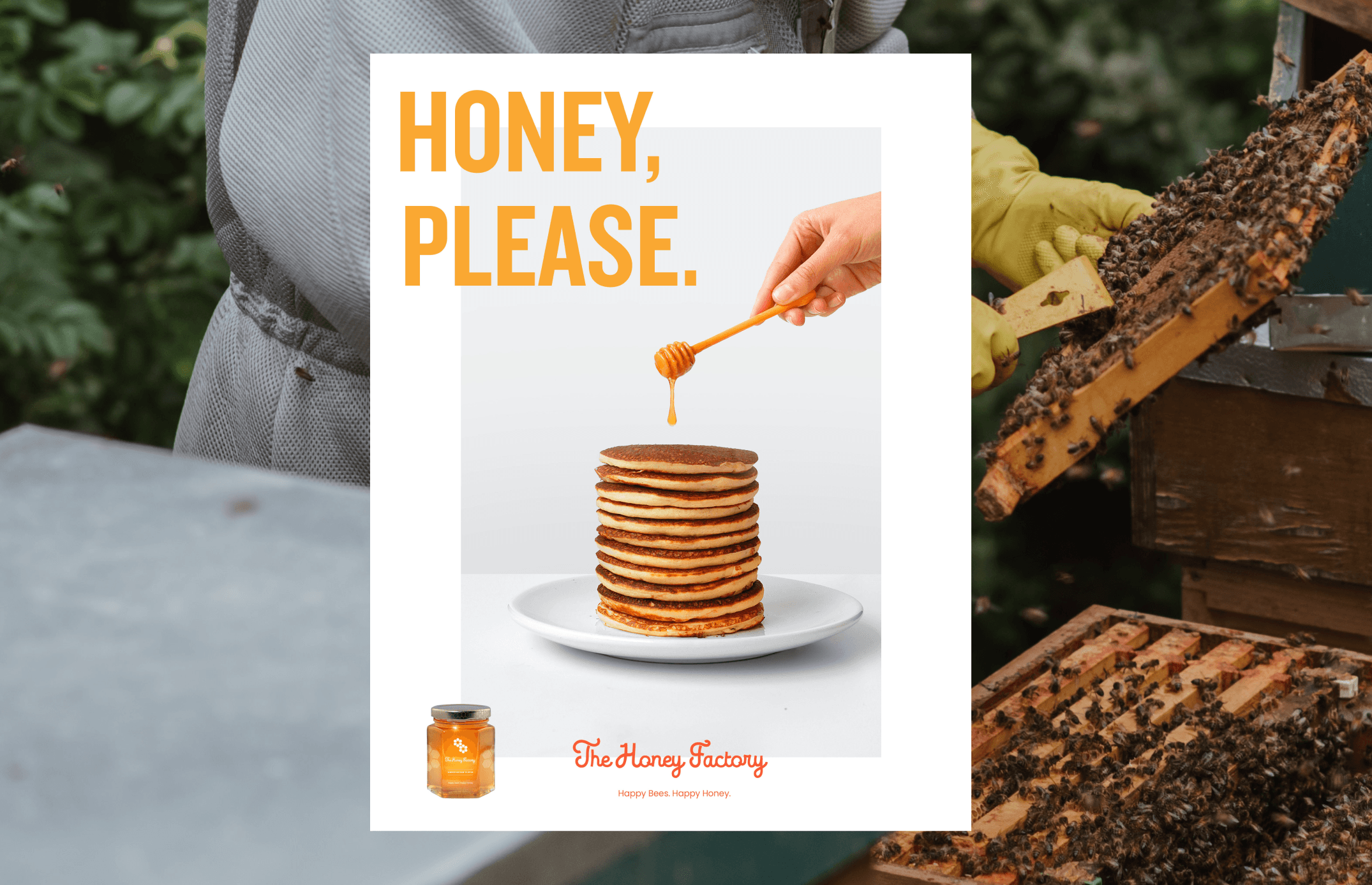 Poster mockup featuring Honey, Please headline with a pancake stack drizzled with honey, shown against a beekeeping background