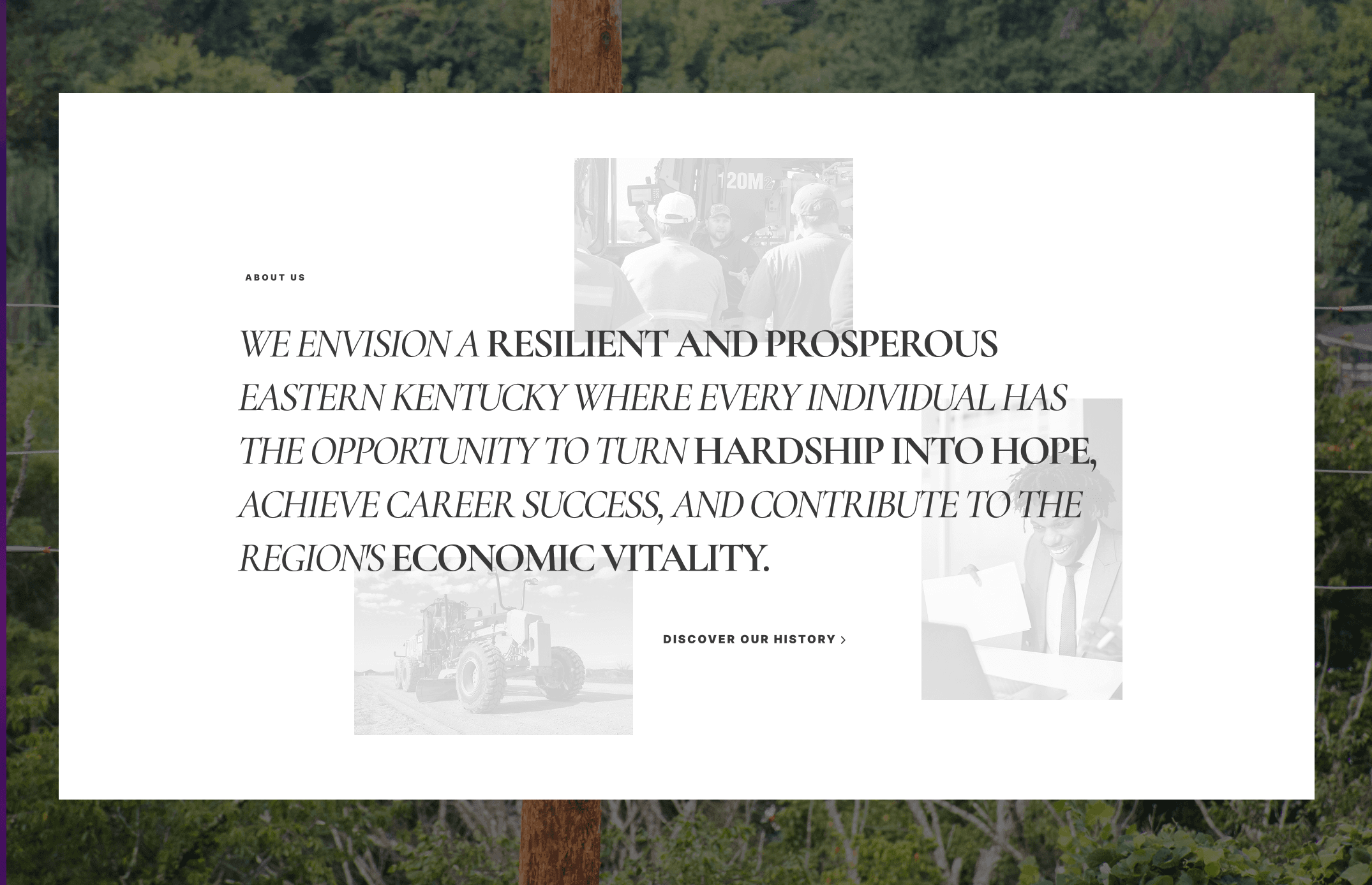About section featuring EKCEP mission statement with photo collage