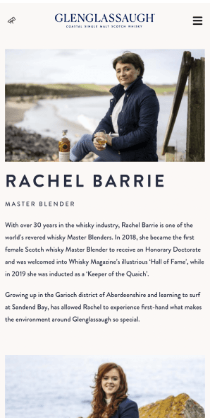 Mobile bio page for Rachel Barrie, Master Blender, with professional portrait and career highlights