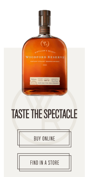 Mobile view of Taste the Spectacle section with Woodford Reserve bottle and purchase buttons