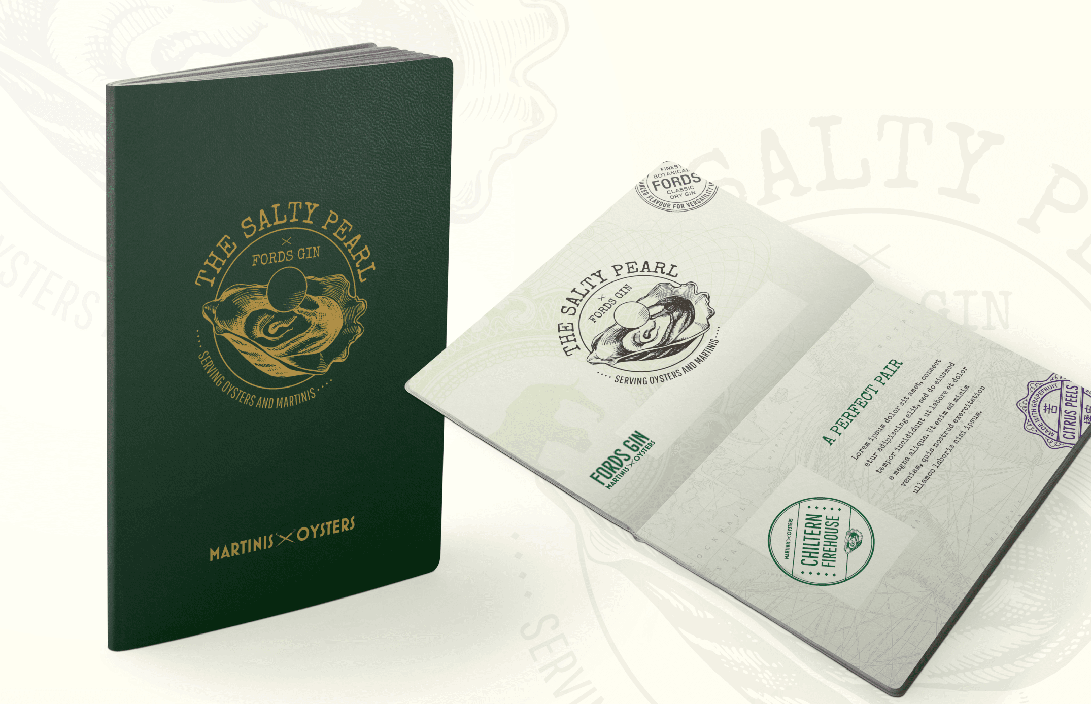 The Salty Pearl event passport booklet with embossed oyster logo, shown closed and open revealing venue stamp pages