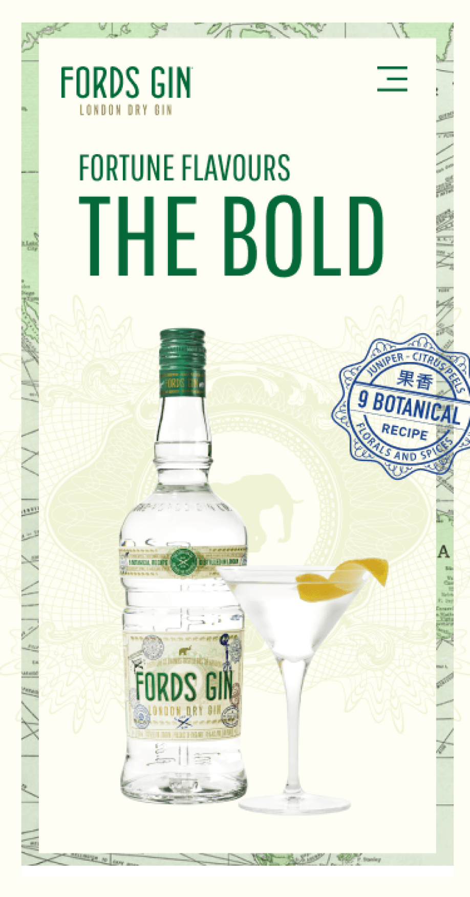Mobile homepage with ‘Fortune Flavours the Bold’ hero, Ford’s Gin bottle, martini, and 9 Botanical badge