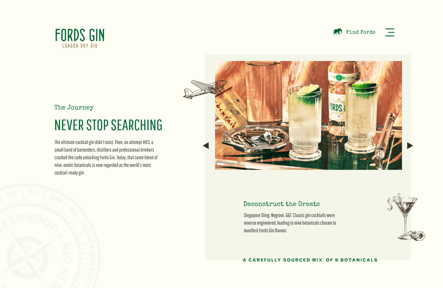The Journey page featuring brand heritage story with ‘Never Stop Searching’ headline and vintage travel imagery