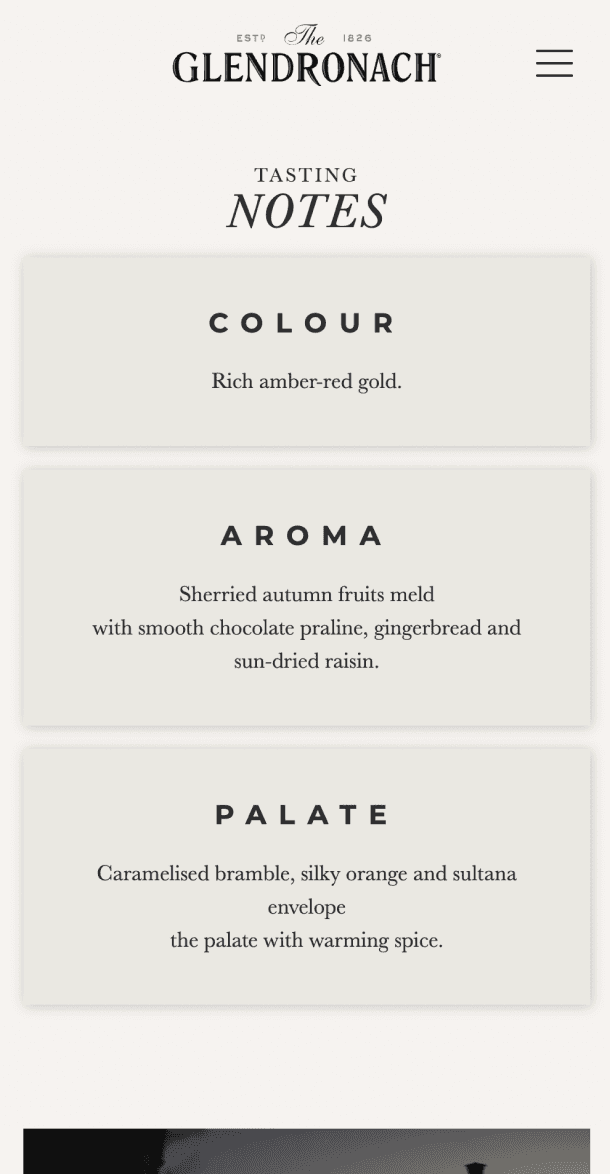 Mobile view of the Tasting Notes section with colour, aroma, and palate details