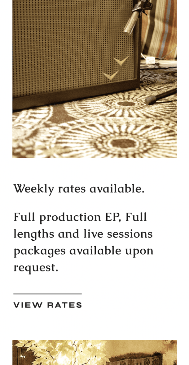 Mobile pricing page with studio rates and package options