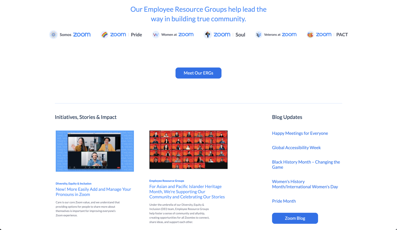 Employee Resource Groups section showcasing Somos, Pride, Women at Zoom, Soul, Veterans, and PACT communities
