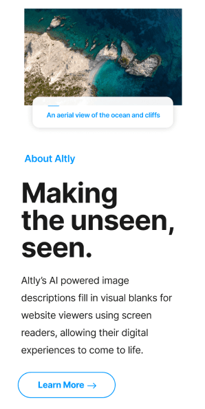 Mobile about section showing alt text tooltip on aerial photo