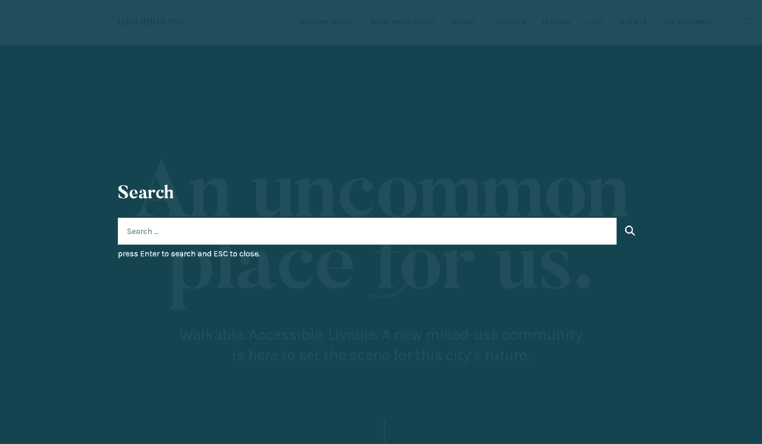 Site-wide search overlay with community tagline in the background
