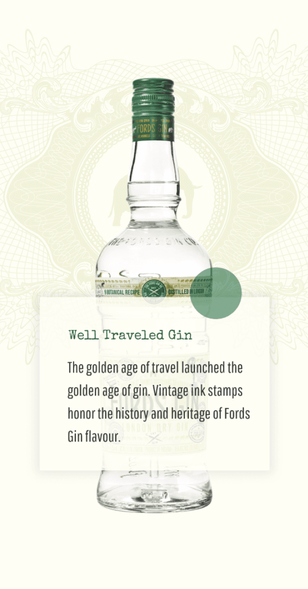 Mobile Well Traveled Gin section highlighting vintage travel stamps and brand heritage story