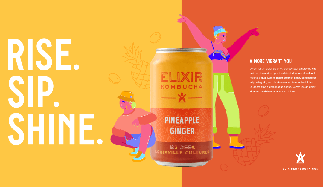 Rise. Sip. Shine. brand campaign banner with Pineapple Ginger can, colorful illustrated characters, and A More Vibrant You messaging
