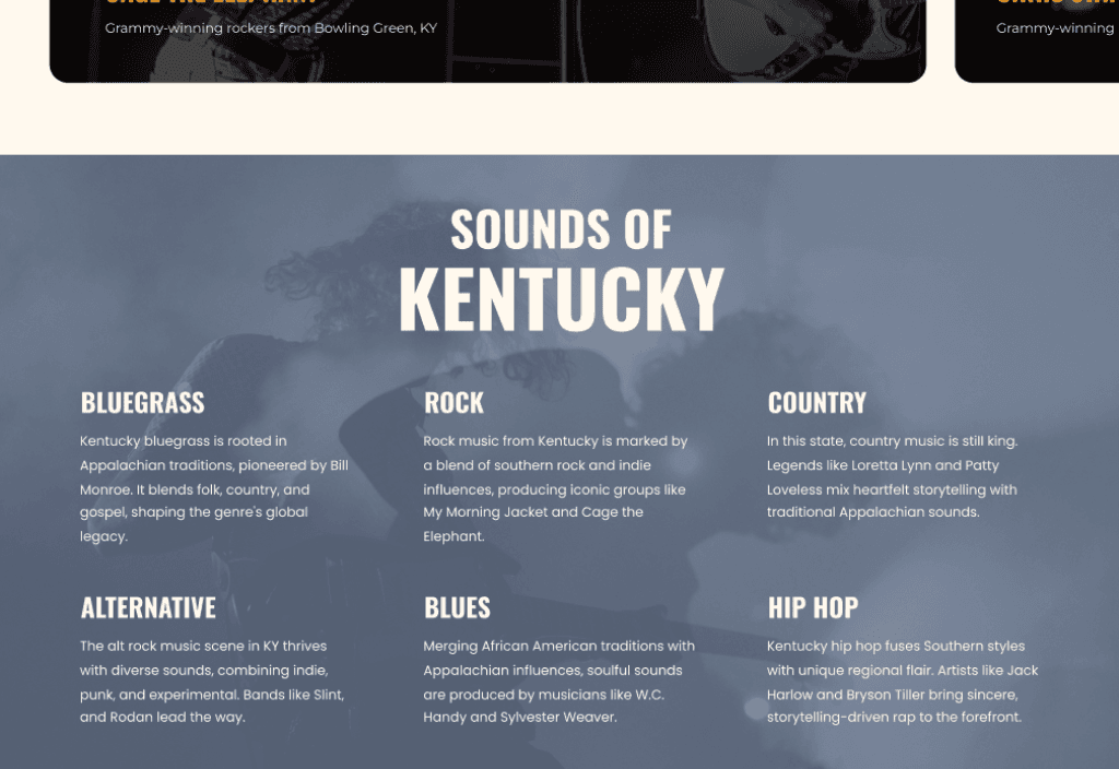 Sounds of Kentucky section featuring music genres from bluegrass to hip hop