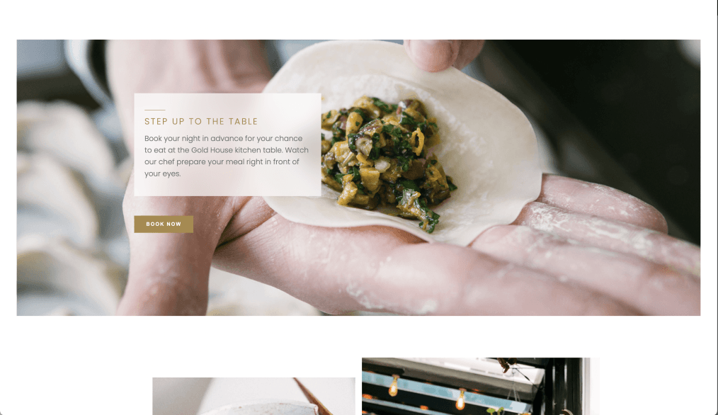 Step Up to the Table section highlighting the chef’s table experience with close-up of hands preparing a dumpling