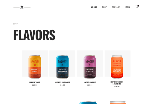 Shop page design showing all four kombucha flavors with pricing in a clean product grid