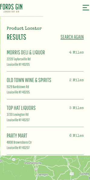 Mobile store locator results listing nearby retailers with addresses and distances
