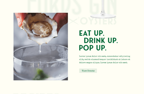Event promotion section with ‘Eat Up. Drink Up. Pop Up.’ messaging and oyster close-up photography