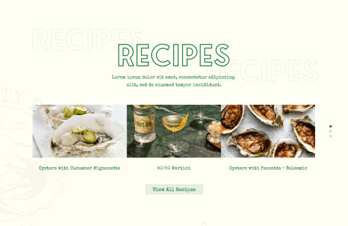 Recipes section featuring oyster and cocktail pairings including Oysters with Cucumber Mignonette, 50/50 Martini, and Oysters with Pancetta
