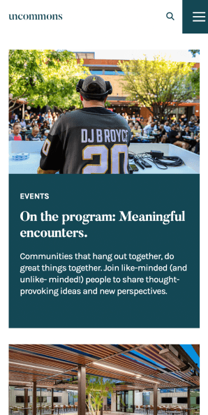 Mobile view of the events section with DJ and community gathering photo
