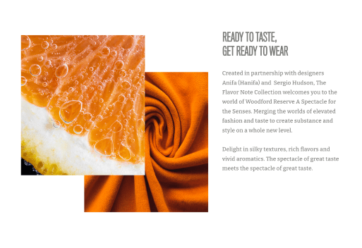 Ready to Taste, Get Ready to Wear section with macro orange citrus and silk fabric texture imagery