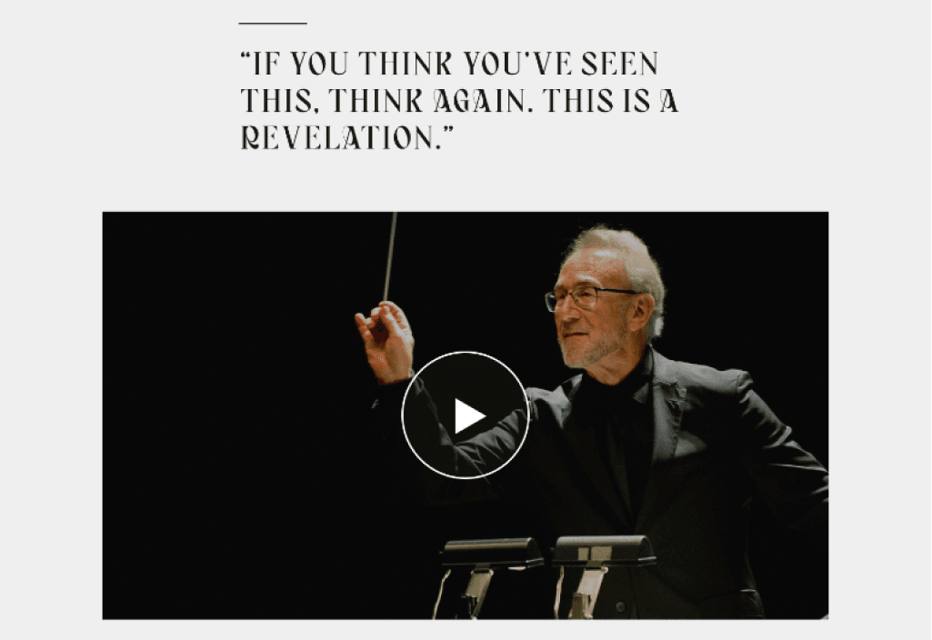 Video testimonial section with conductor portrait and This is a Revelation quote