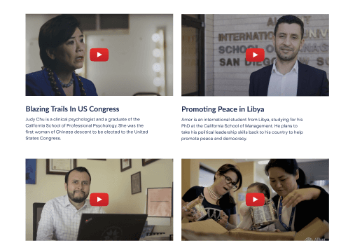 Student success stories video grid featuring alumni testimonials about their impact in Congress and promoting peace in Libya