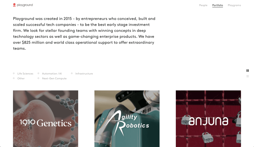 Portfolio page displaying investment categories and company logos including 1910 Genetics, Agility Robotics, and Anjuna