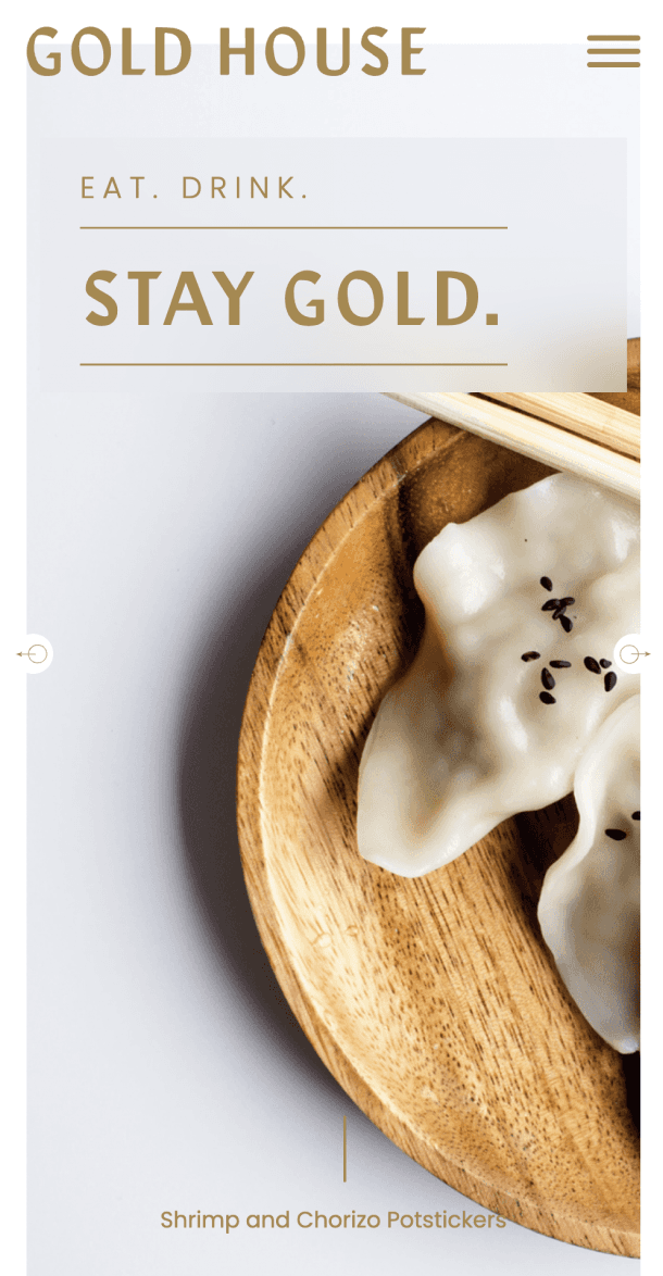 Mobile responsive hero section displaying the Gold House branding and signature dumplings