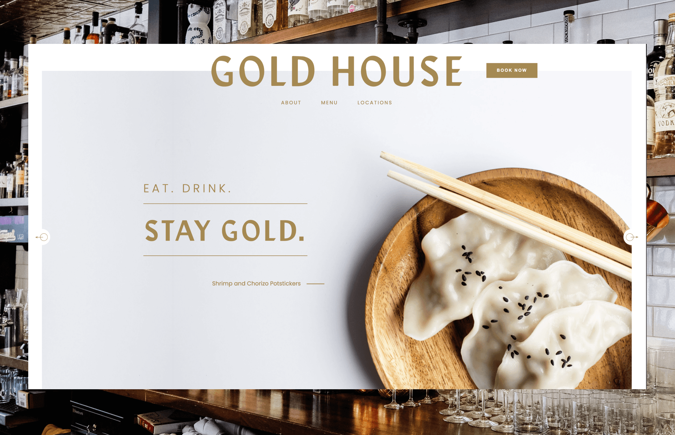 Gold House homepage hero section featuring the restaurant’s clean typography, navigation menu, and signature dumplings served on a wooden plate with chopsticks