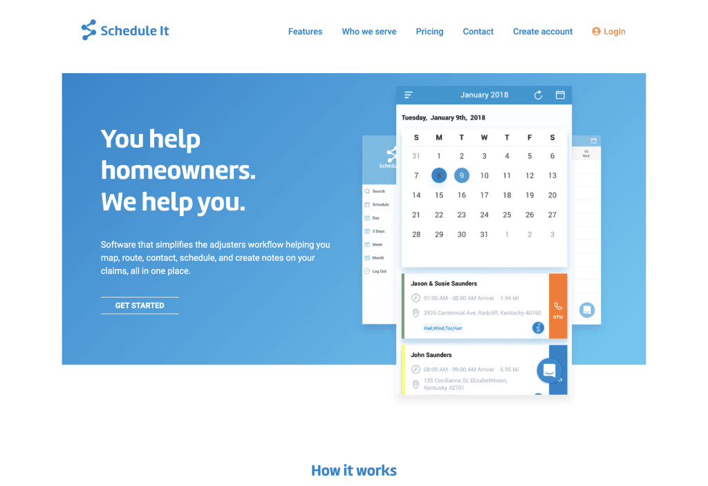 Alternate homepage design with ‘You help homeowners. We help you.’ messaging and integrated calendar scheduling interface
