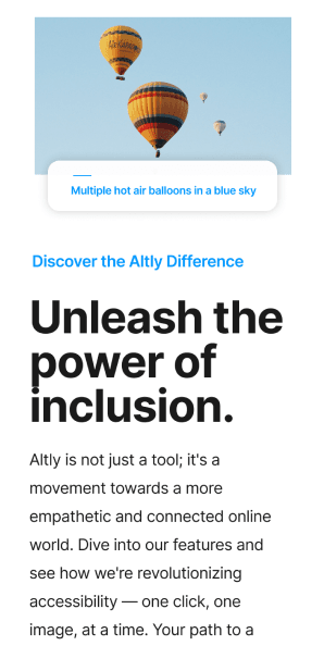 Mobile view featuring hot air balloon image with alt text example