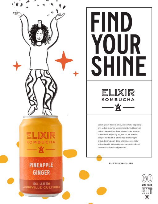Find Your Shine promotional flyer featuring Pineapple Ginger kombucha with illustrated dancer and Go With Your Gut tagline