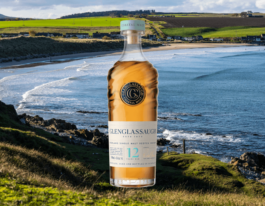 Featured image of Glenglassaugh whisky bottle against the dramatic Scottish coastal cliffs