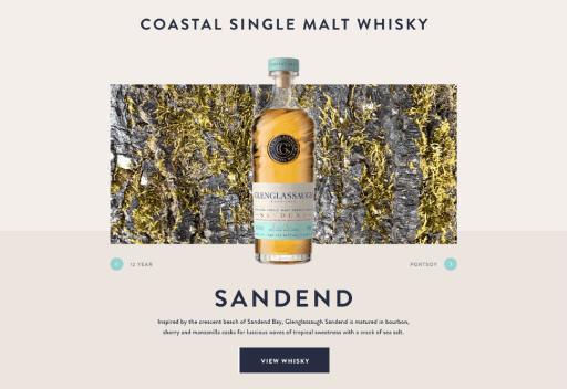 Desktop Sandend whisky product page with seaweed texture background and bottle detail