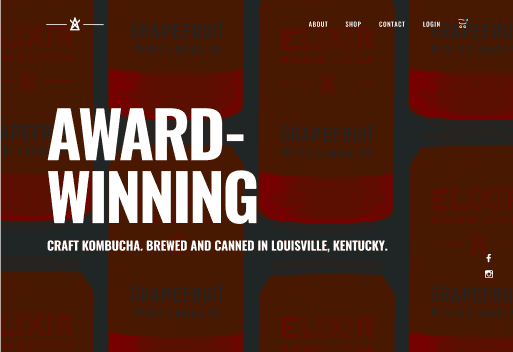 Website Award-Winning section showcasing craft kombucha brewed and canned in Louisville, Kentucky