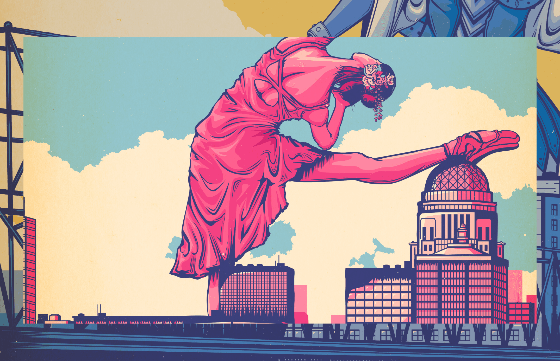 A larger-than-life ballerina in a flowing pink dress gracefully arches over the Louisville skyline