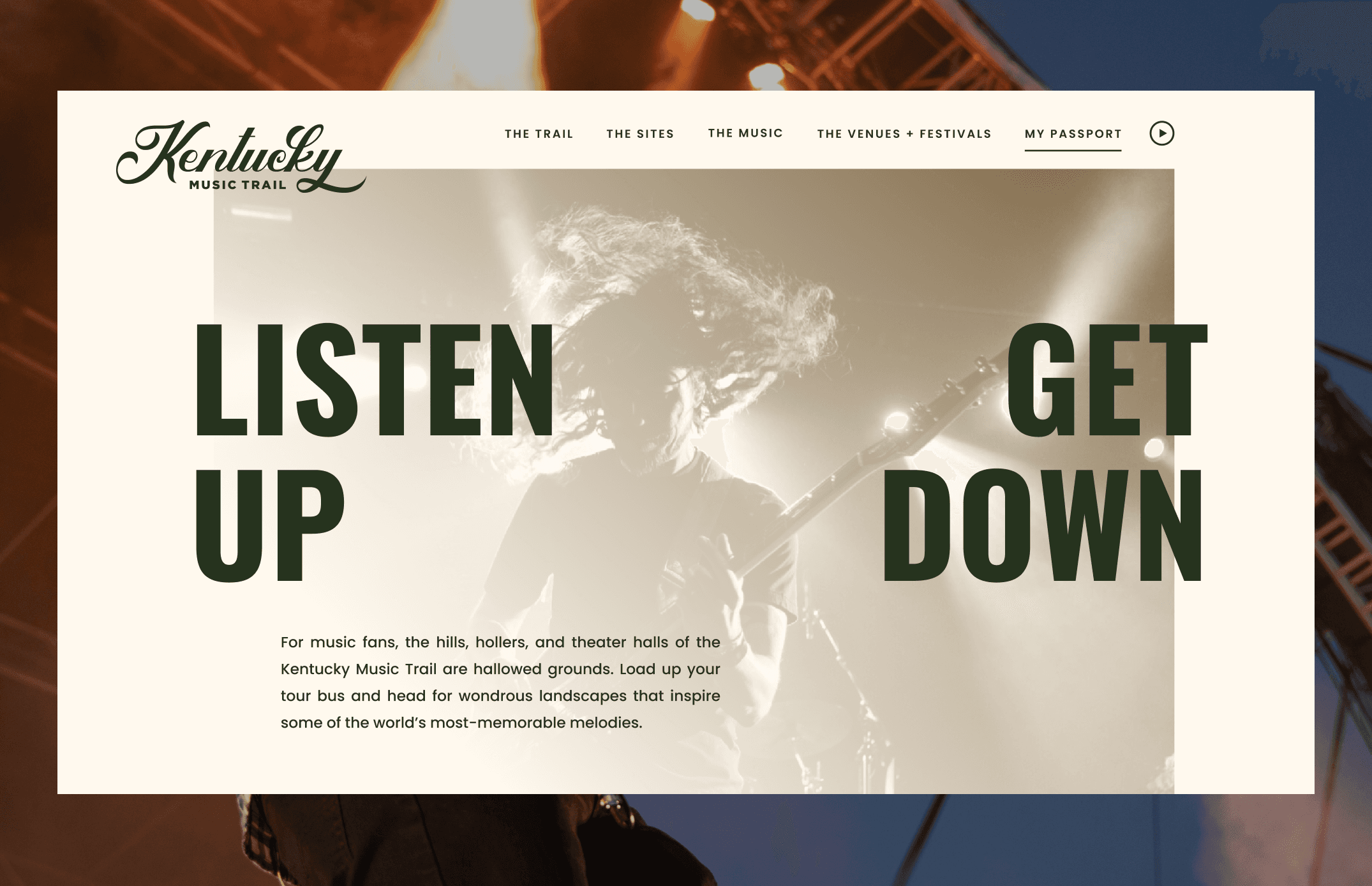 Kentucky Music Trail screenshot with the words, Listen Up, Get Down.