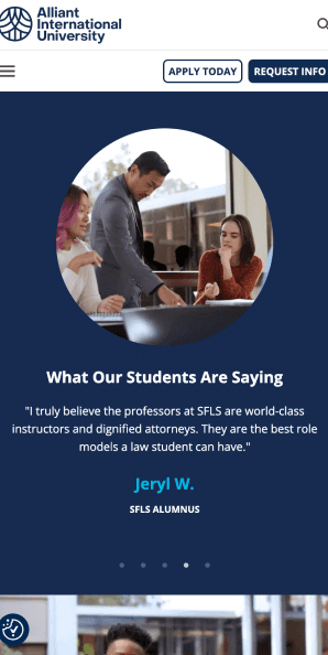 Mobile view of student testimonials section featuring alumni quotes