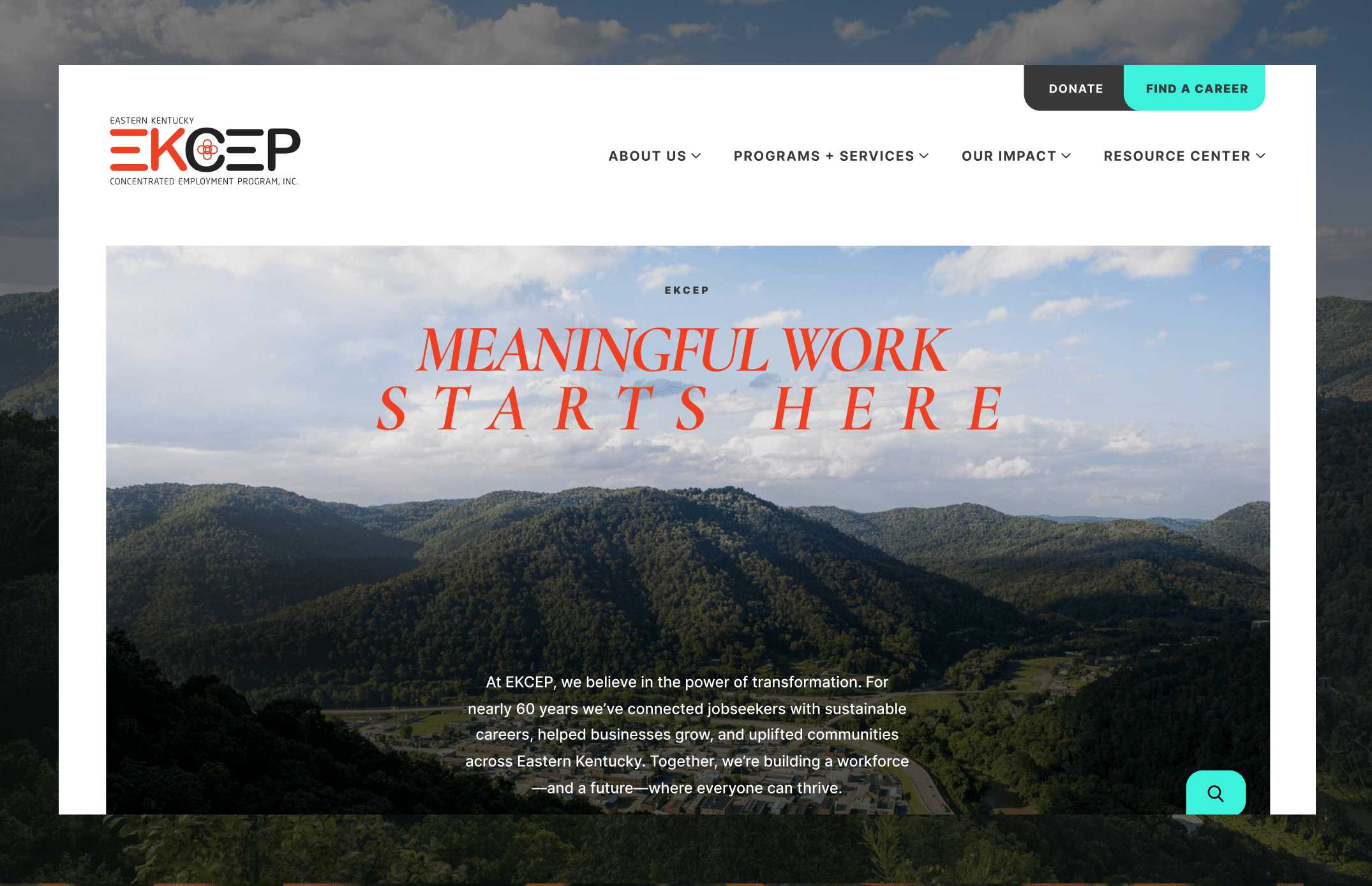 Homepage hero section with Meaningful Work Starts Here headline
