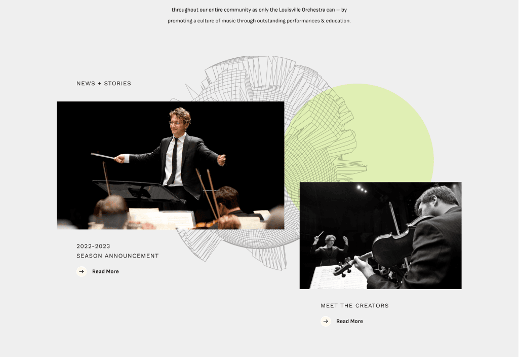 News and Stories section featuring conductor and violinist photography