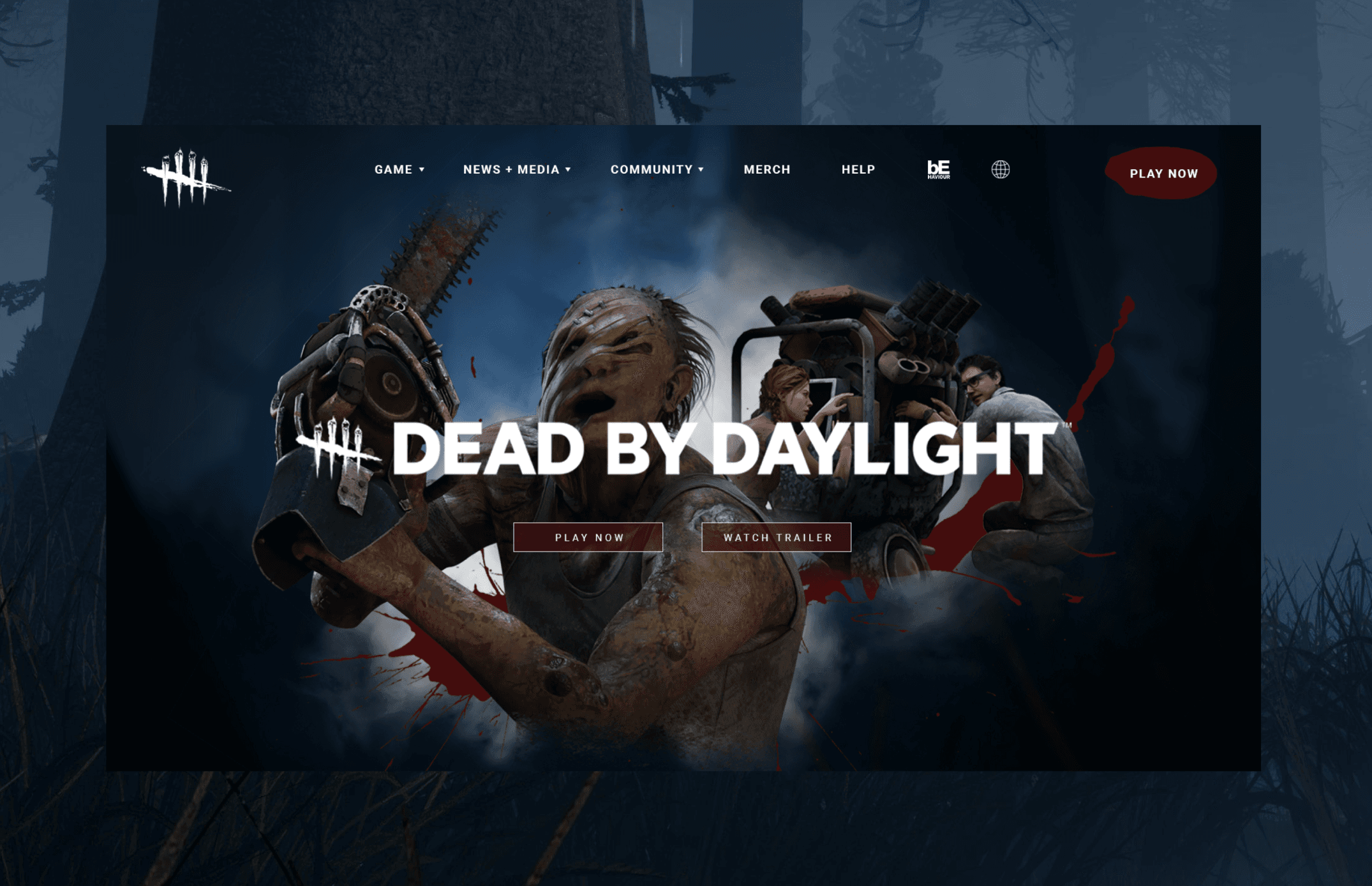 Homepage hero featuring The Hillbilly killer with chainsaw alongside survivors