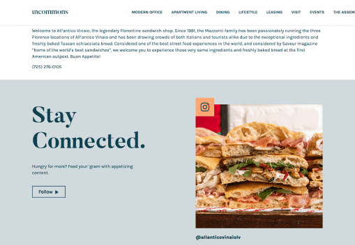Restaurant detail page with Stay Connected social media section