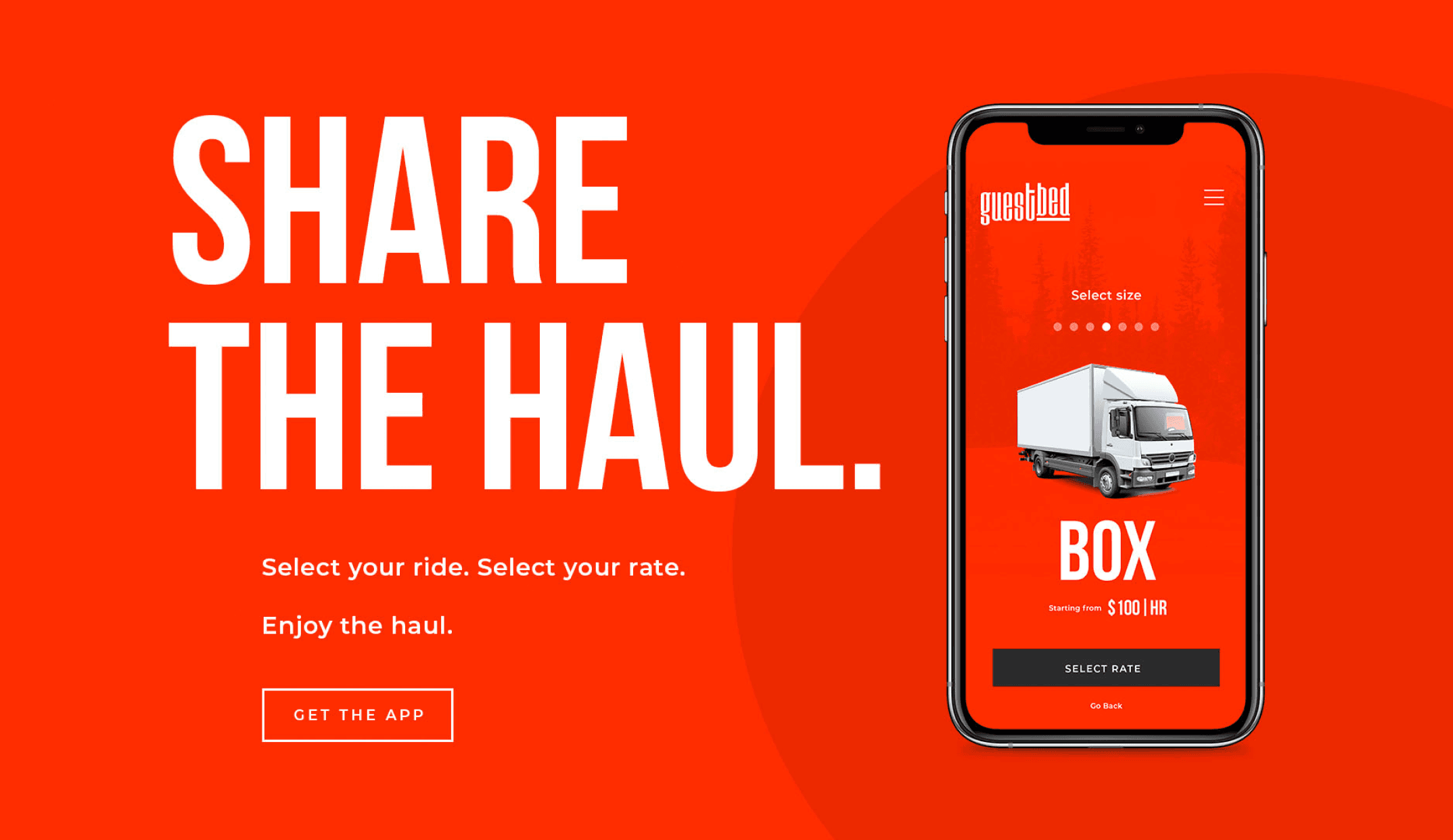 Share the Haul marketing screen with mobile app showing box truck vehicle selection