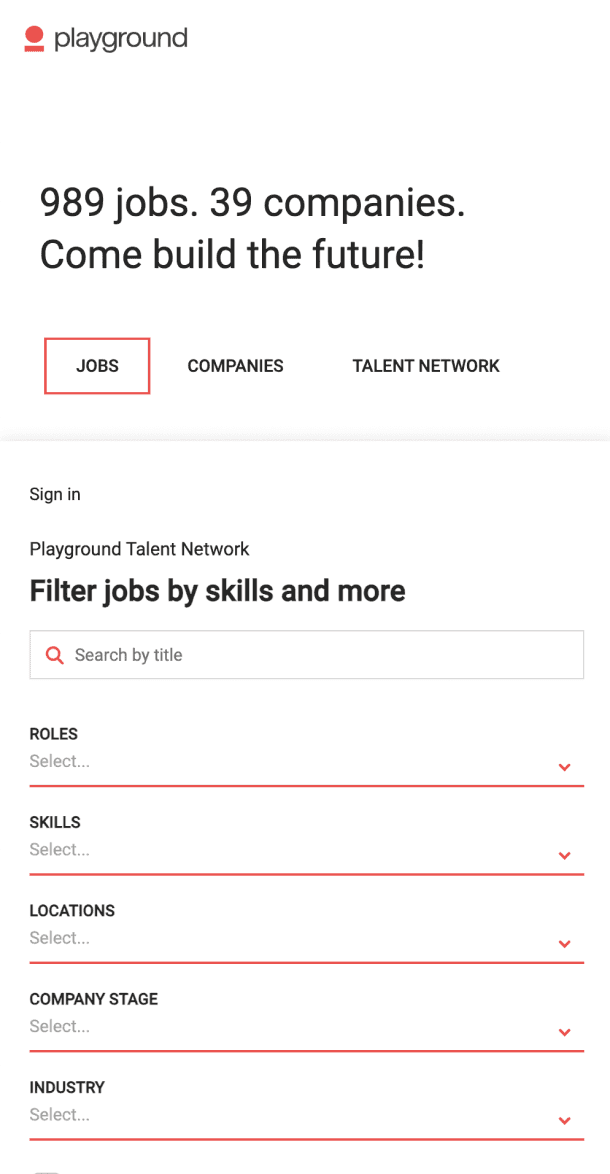Mobile view of jobs page with talent network filters and search