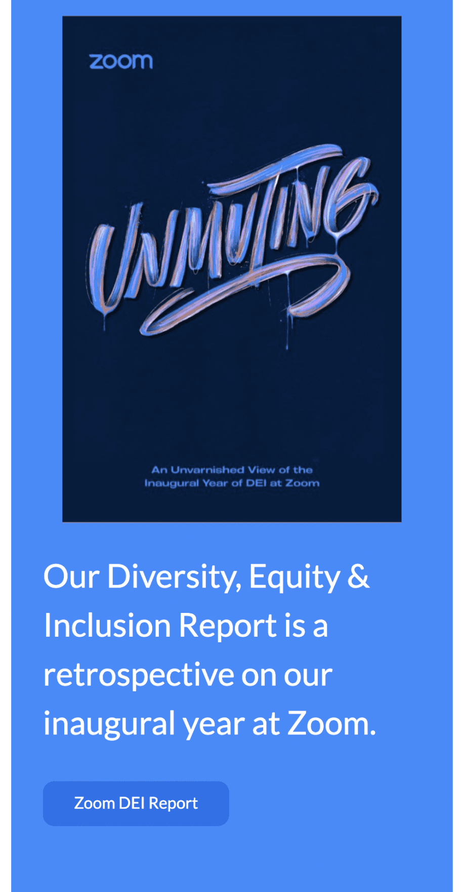 Mobile view of Unmuting DEI report download section on blue background