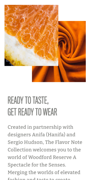 Mobile view of Ready to Taste, Get Ready to Wear section with orange citrus and fabric imagery