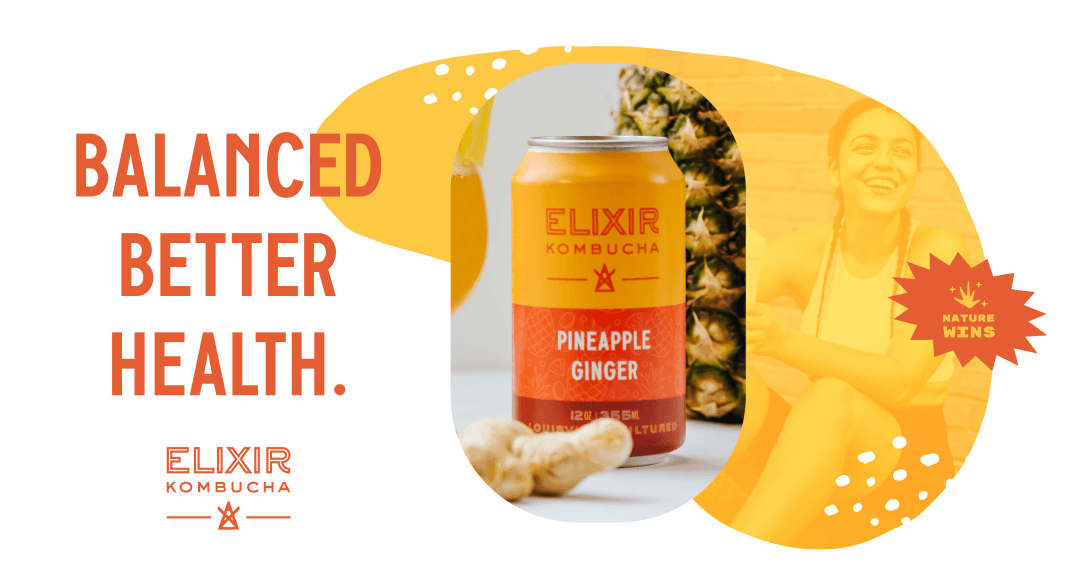Balanced Better Health promotional banner featuring Pineapple Ginger kombucha with fresh pineapple and ginger ingredients