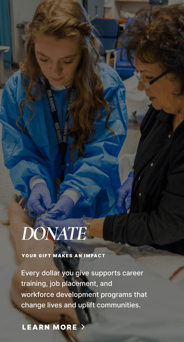 Mobile view of Donate page with healthcare training photo