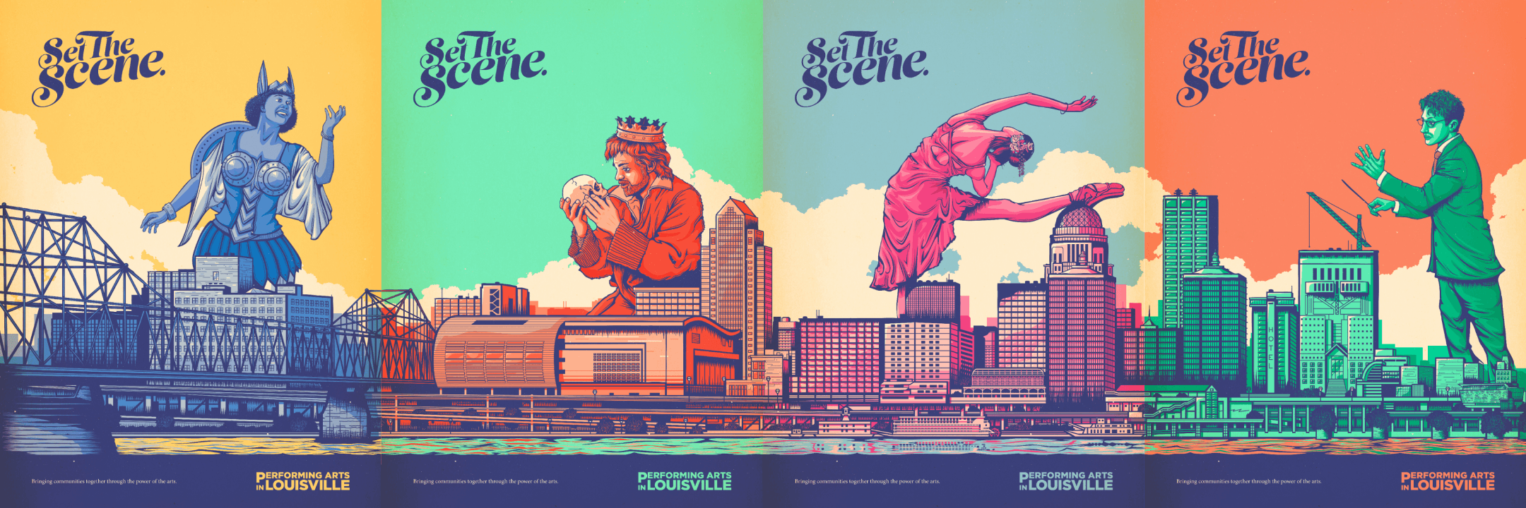 Side-by-side display of all four campaign posters featuring opera, theater, ballet, and orchestra