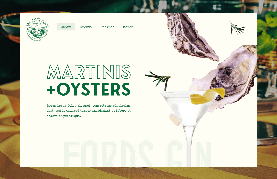 Martinis + Oysters campaign landing page hero with fresh oyster imagery and martini glass