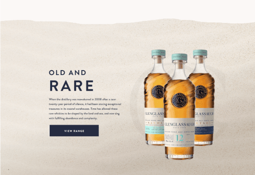 Desktop Old and Rare collection page featuring three premium whisky bottles