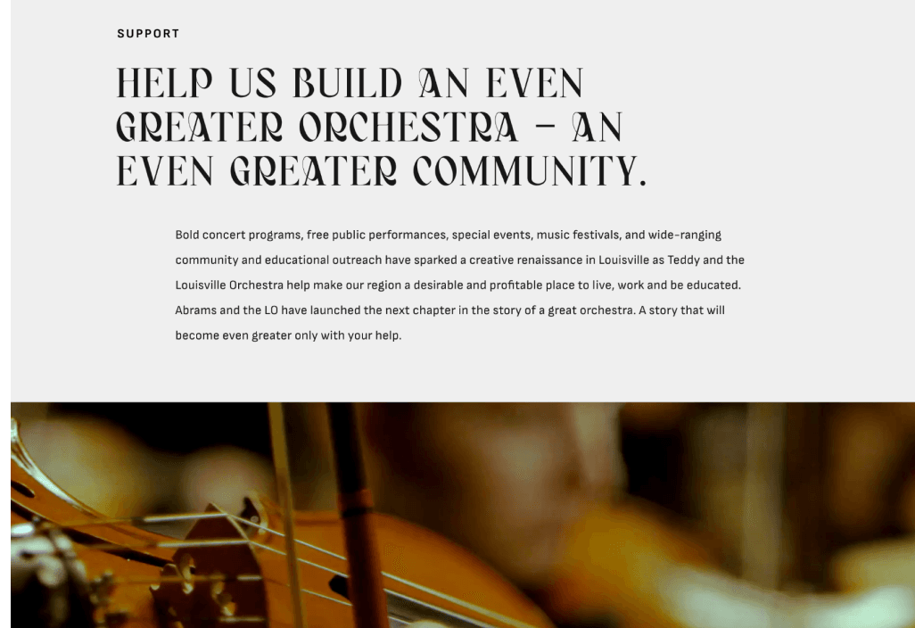 Support page with Help Us Build an Even Greater Orchestra headline and cello imagery